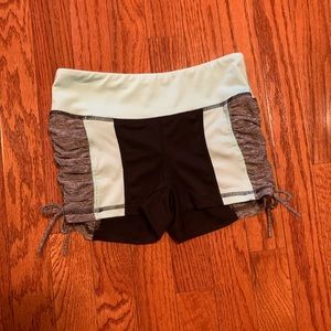 Blue and grey athletic shorts with ties